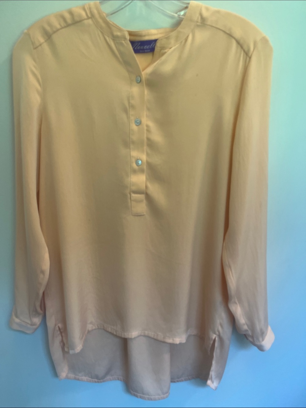 Nouvelle Palm Beach Light Peach Long-Sleeve WASHABLE Silk Henley Blouse